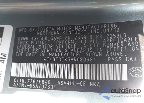 2010 Toyota Camry Le из США, поврежденный, VIN 4T4BF3EK5AR080684